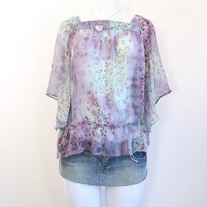 y2k rickis pastel floral chiffon blouse flutter sleeve sheer